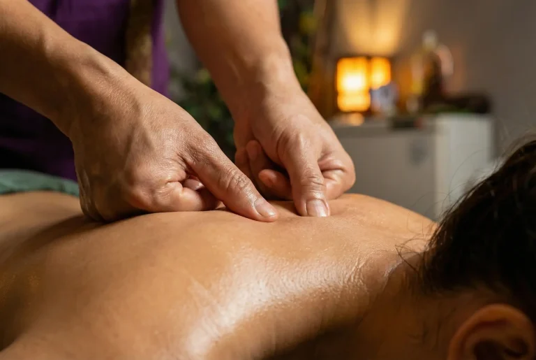 Terapeuta tailandesa realizando masaje descontracturante de espalda en Barcelona para aliviar tensión cervical y lumbar