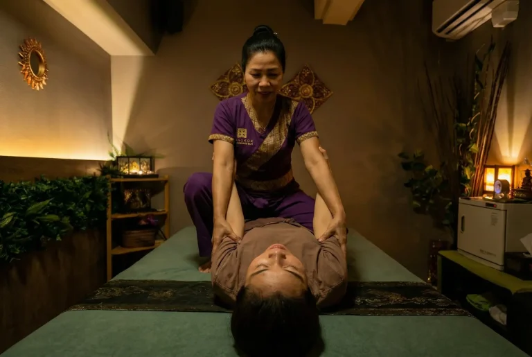 Masaje tailandés tradicional en Barcelona sobre camilla con estiramientos de yoga pasivo para mejorar la flexibilidad.