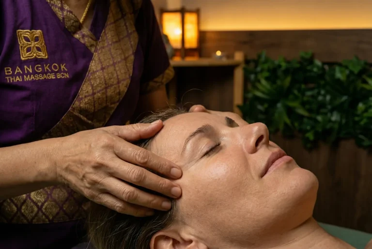 Cliente relajado tras sesión de masaje de cabeza y cuello, mostrando alivio de la tensión cervical y bienestar.]