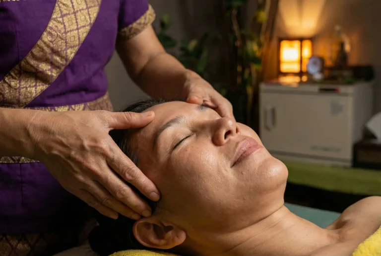Terapeuta realizando masaje craneal en Barcelona presionando sienes para aliviar cefaleas tensionales y estrés mental.
