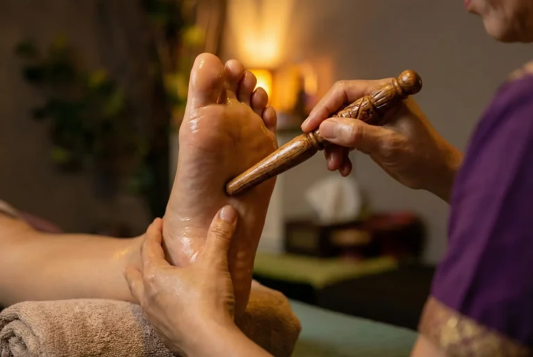 Sesión de reflexología podal en Barcelona con stick de madera tradicional aplicando presión en puntos reflejos del pie.